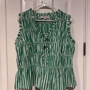 LOFT Green and White Striped Sleeveless Blouse
